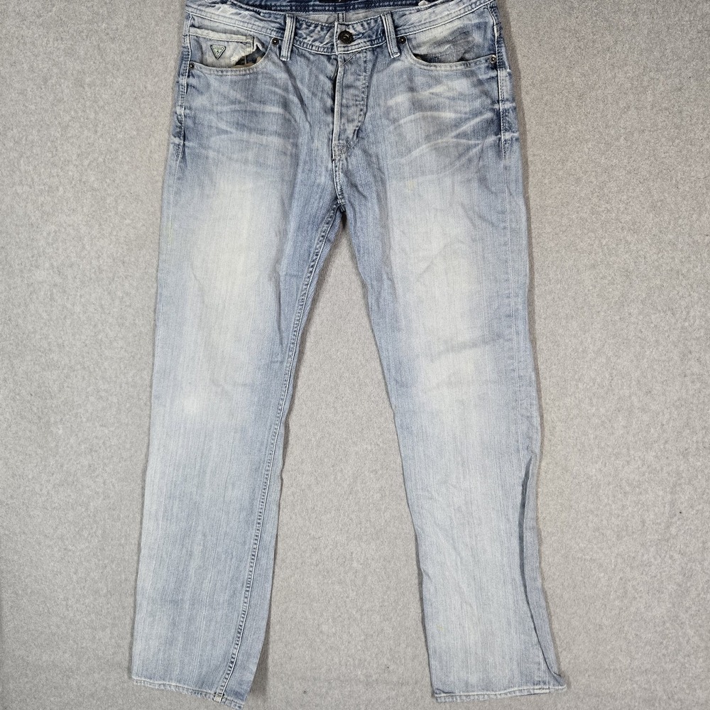 GUESS Men Jeans 33 Light Blue Denim Rebel Regular Straight 32" Inseam READ